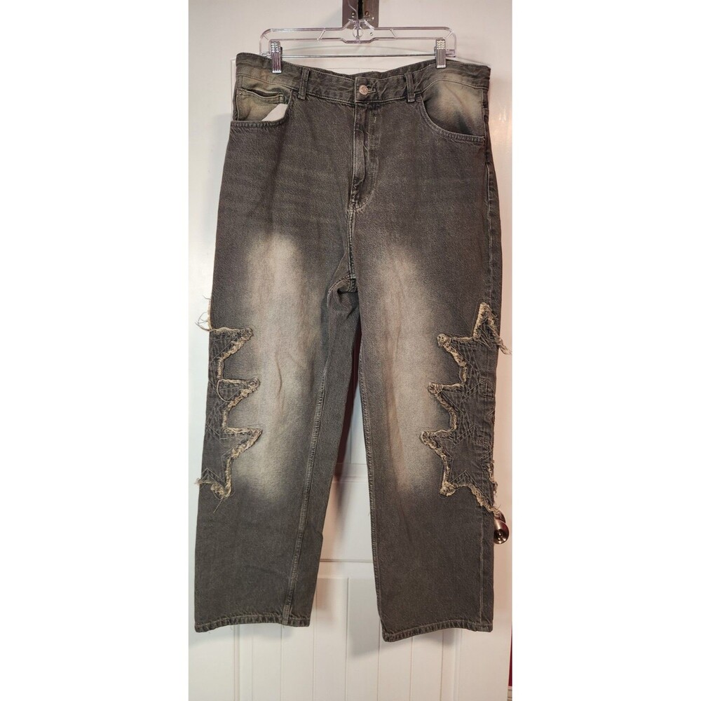 Bershka Wide Leg Jeans Mens 36x29 100% Cotton Baggy Skate Star Patch Gray Y2K